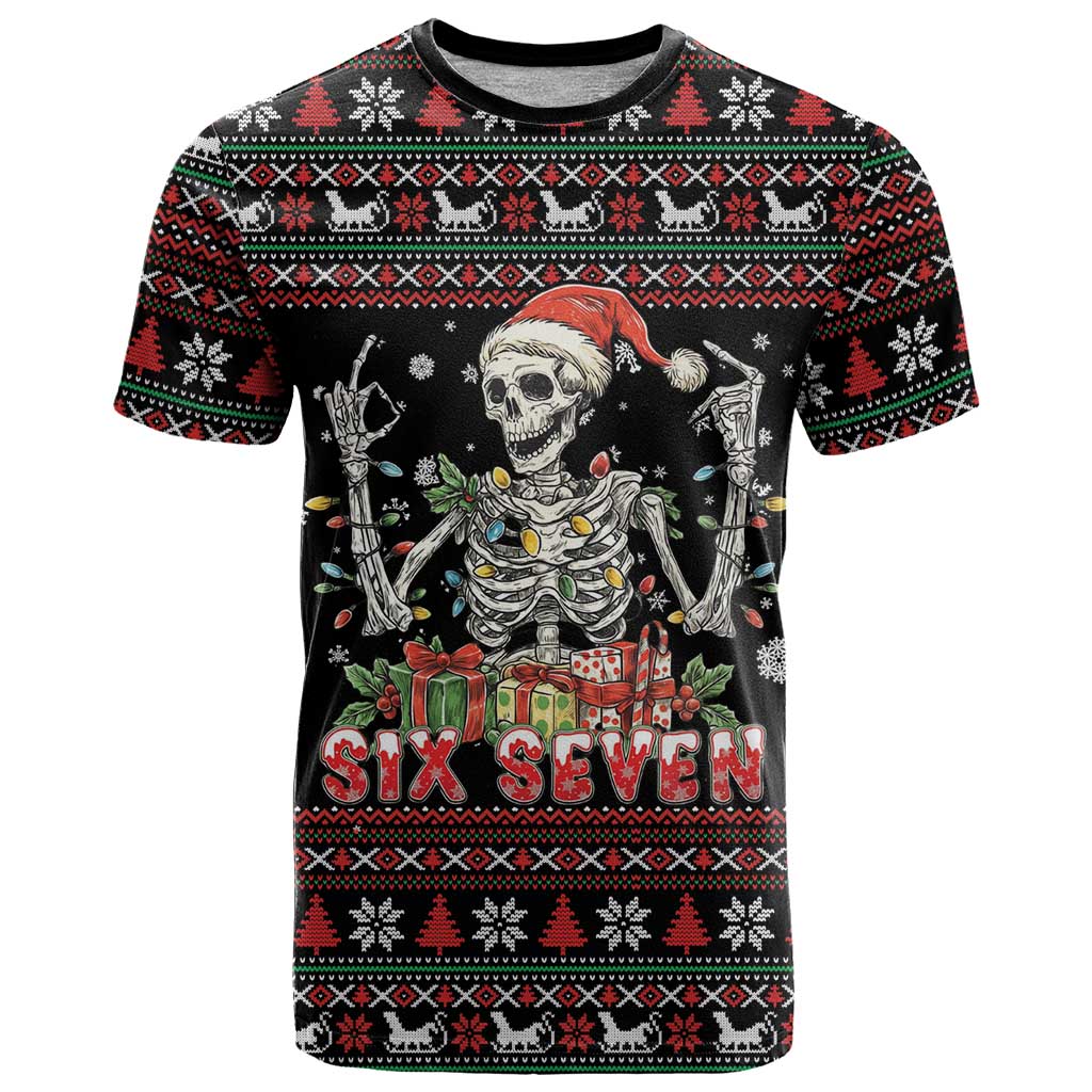 Six Seven Santa Skeleton T-Shirt Funny Christmas Skull Graphic Tee