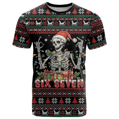 Six Seven Santa Skeleton T-Shirt Funny Christmas Skull Graphic Tee