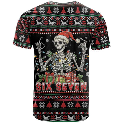 Six Seven Santa Skeleton T-Shirt Funny Christmas Skull Graphic Tee