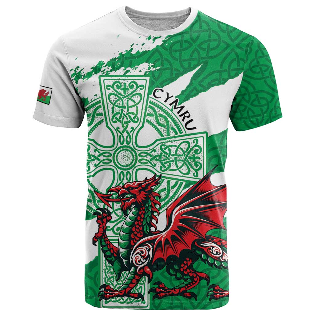 Wales Celtic Cross T-Shirt Cymru Am Byth Green Version Graphic Tee