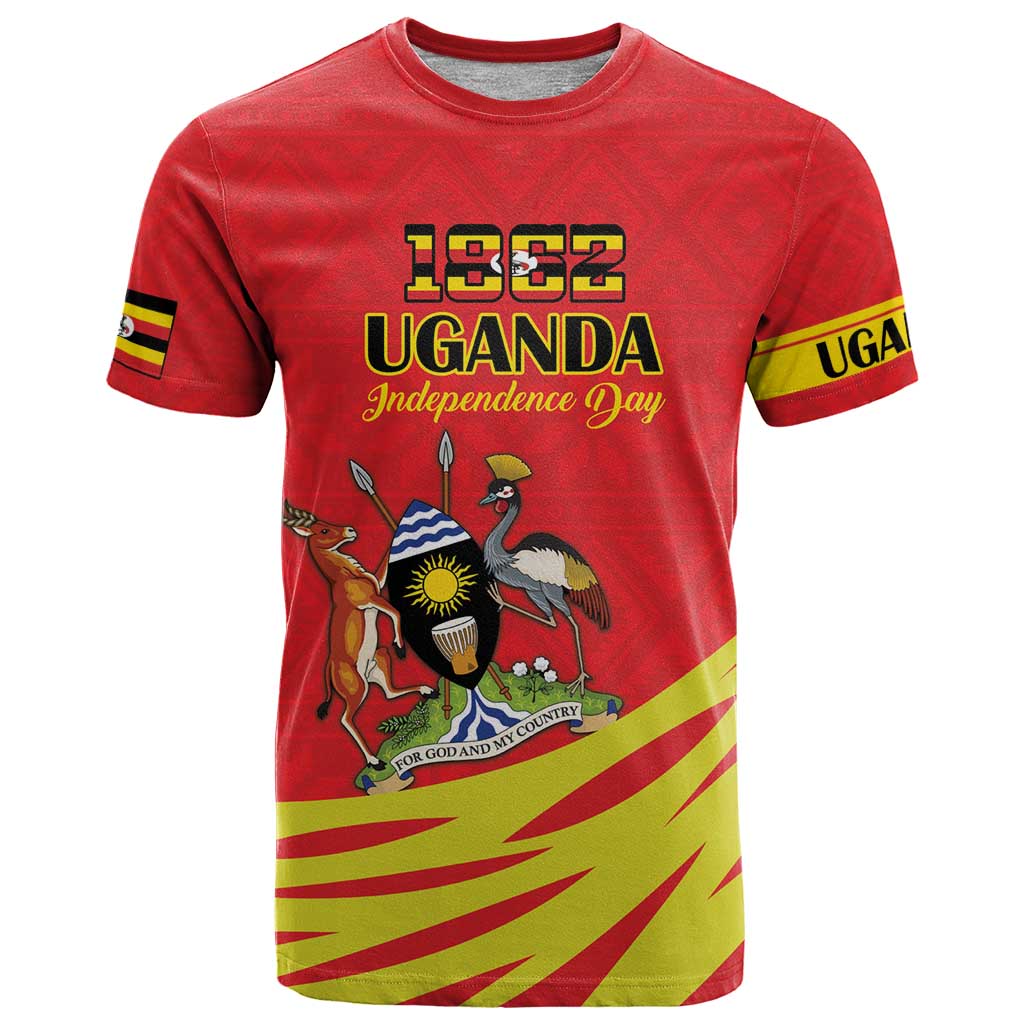 Custom Uganda Independence Day 1962 T-Shirt Coat Of Arms With Kente Patterns Graphic Tee