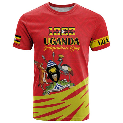Custom Uganda Independence Day 1962 T-Shirt Coat Of Arms With Kente Patterns Graphic Tee