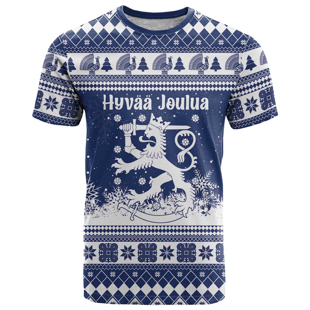 Finland Christmas Hannunvaakuna T-Shirt Hyvaa Joulua Nordic Snow Lion Blue Version Graphic Tee