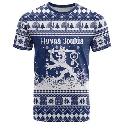 Finland Christmas Hannunvaakuna T-Shirt Hyvaa Joulua Nordic Snow Lion Blue Version Graphic Tee