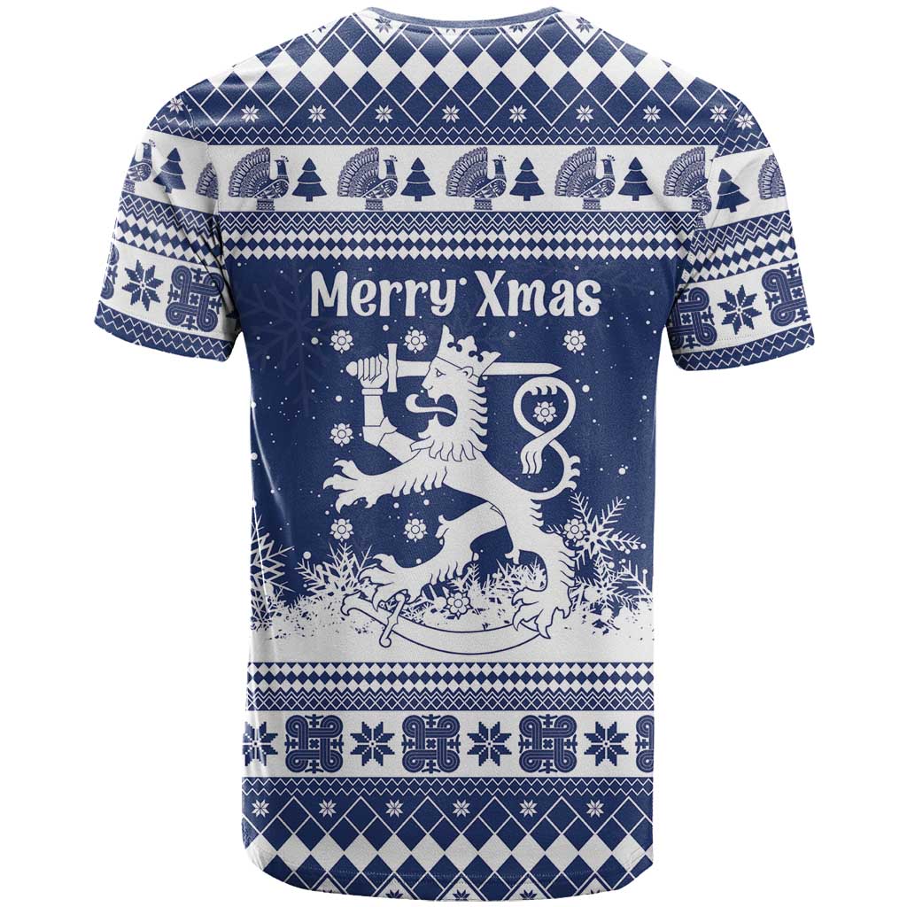 Finland Christmas Hannunvaakuna T-Shirt Hyvaa Joulua Nordic Snow Lion Blue Version Graphic Tee