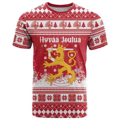 Finland Christmas Hannunvaakuna T-Shirt Hyvaa Joulua Nordic Snow Lion Red Version Graphic Tee