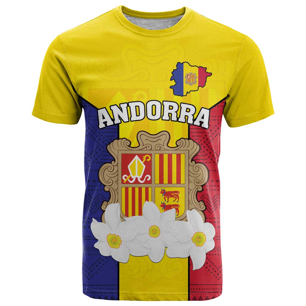 Custom Andorra Coat Of Arms T-Shirt Narcissus Poeticus Flowers Flag Style Graphic Tee