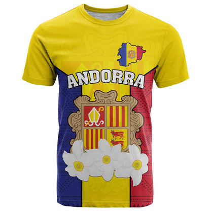 Custom Andorra Coat Of Arms T-Shirt Narcissus Poeticus Flowers Flag Style Graphic Tee