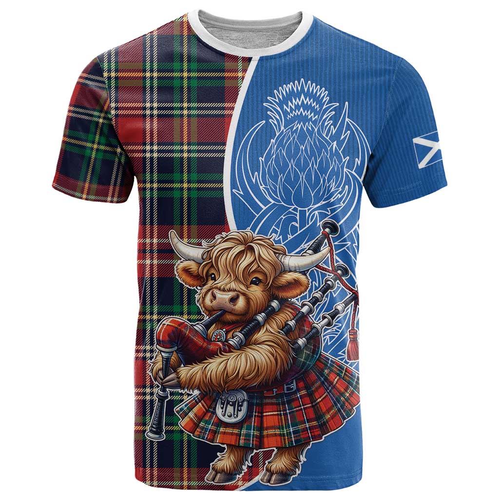 Scottish Tartan T-Shirt Highland Cow Playing Bagpipes Graphic Tee