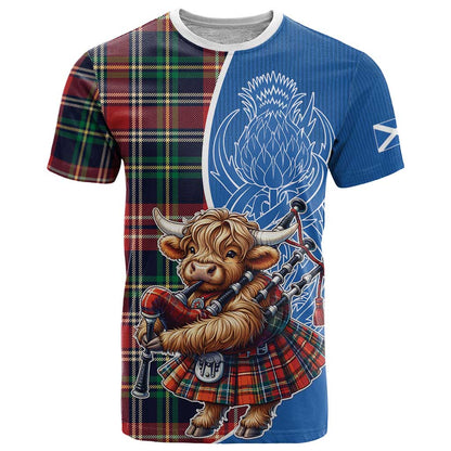 Scottish Tartan T-Shirt Highland Cow Playing Bagpipes Graphic Tee