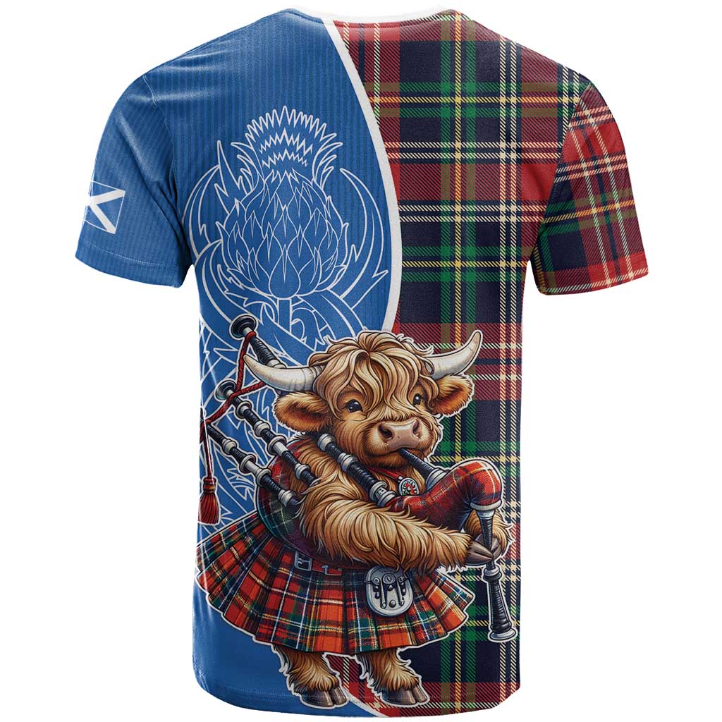 Scottish Tartan T-Shirt Highland Cow Playing Bagpipes Graphic Tee