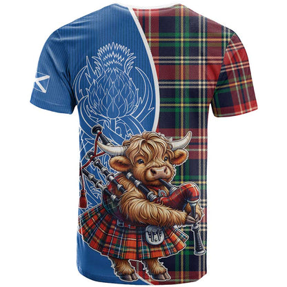 Scottish Tartan T-Shirt Highland Cow Playing Bagpipes Graphic Tee