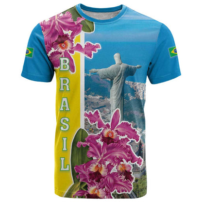 Brazil Cattleya Labiata T-Shirt Christ The Redeemer And Flag Color Style Graphic Tee
