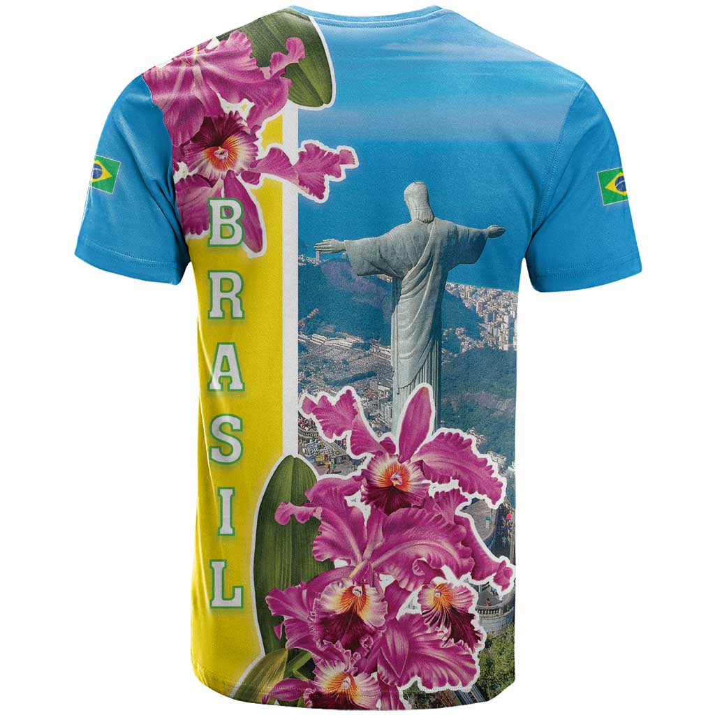Brazil Cattleya Labiata T-Shirt Christ The Redeemer And Flag Color Style Graphic Tee