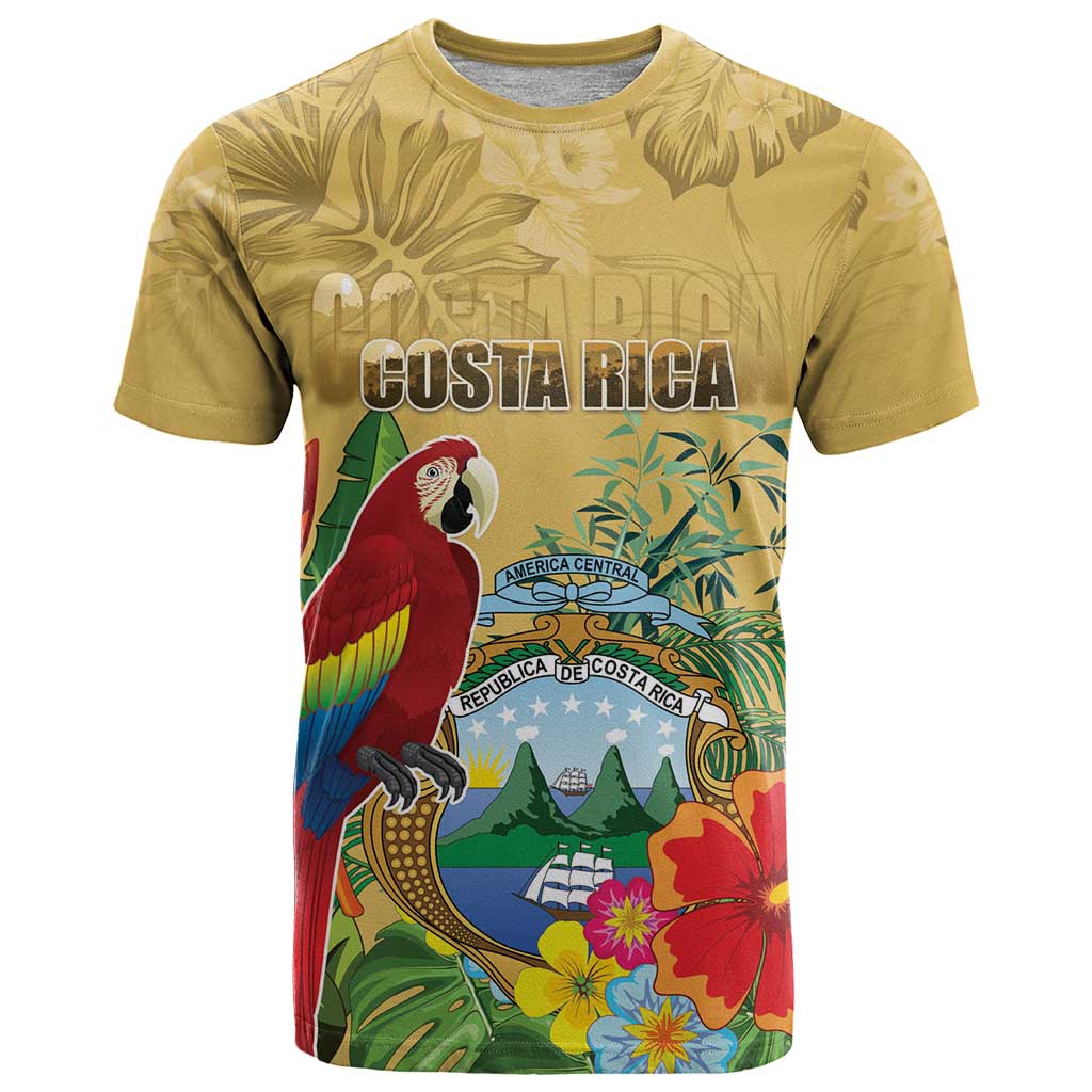 Costa Rica Independence Day T-Shirt Scarlet Macaw Parrot Tropical Flowers Graphic Tee