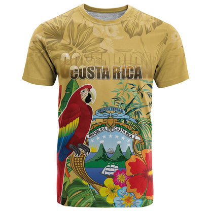 Costa Rica Independence Day T-Shirt Scarlet Macaw Parrot Tropical Flowers Graphic Tee
