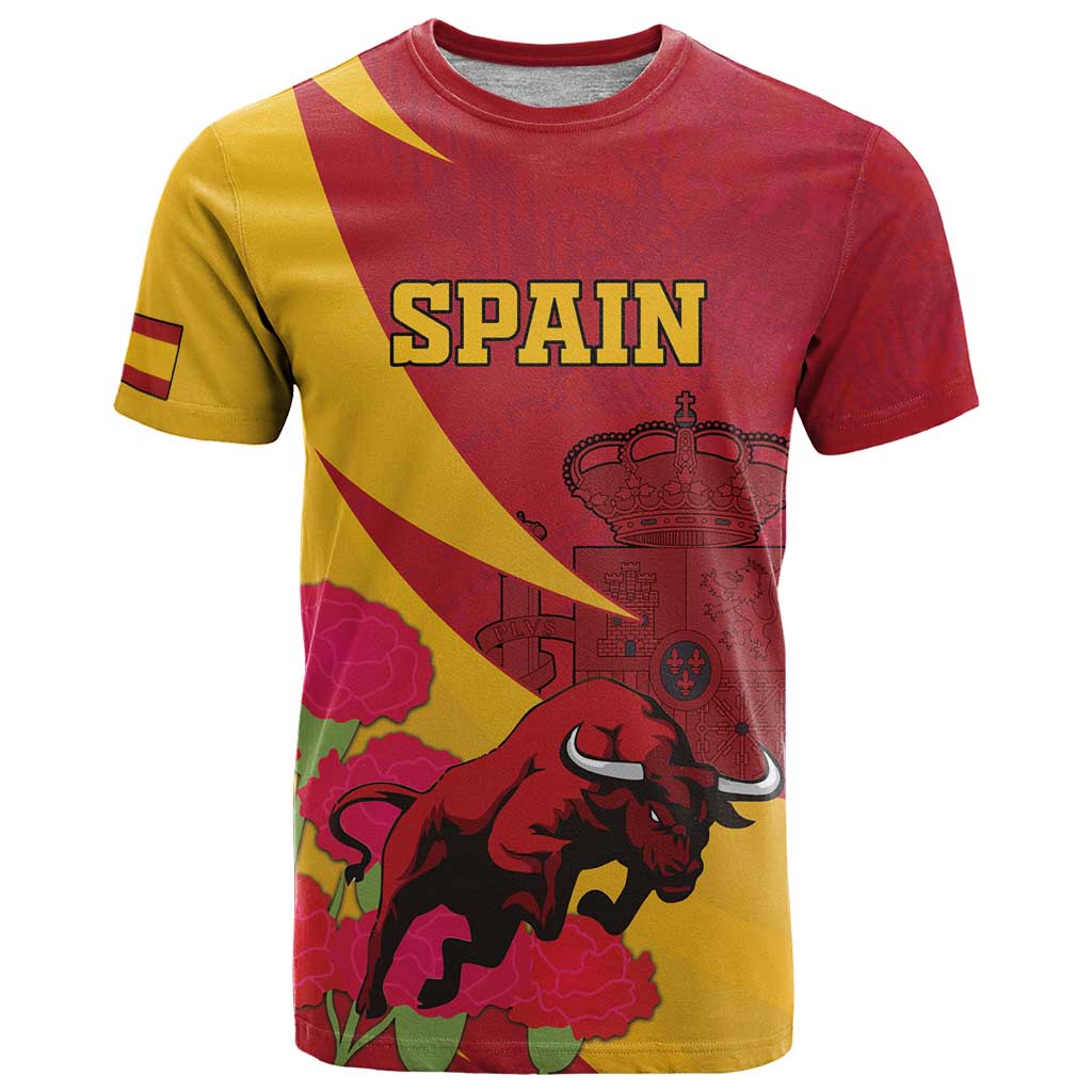 Custom Spain Aggressive Fighting Bull T-Shirt With Carnation Flowers Graphic Tee