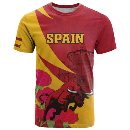 Custom Spain Aggressive Fighting Bull T-Shirt With Carnation Flowers Graphic Tee