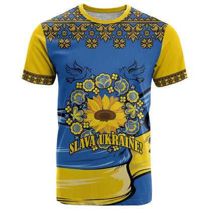 Ukraine Sunflower Peace Sign T-Shirt With Folk Patterns Graphic Tee