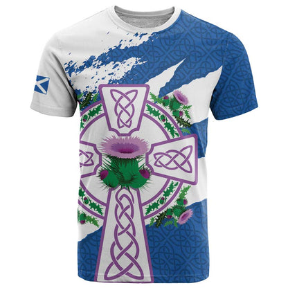 Scotland Celtic Cross T-Shirt Thistle Flowers Graphic Tee