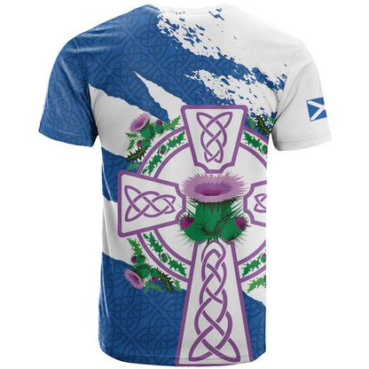 Scotland Celtic Cross T-Shirt Thistle Flowers Graphic Tee