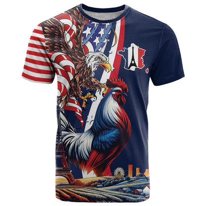French American Heritage Month T-Shirt Gallic Rooster And Bald Eagle Graphic Tee