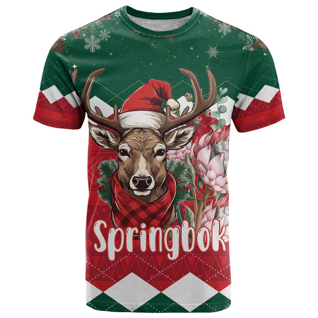 Personalized South Africa Christmas T-Shirt Springbok With King Protea Graphic Tee