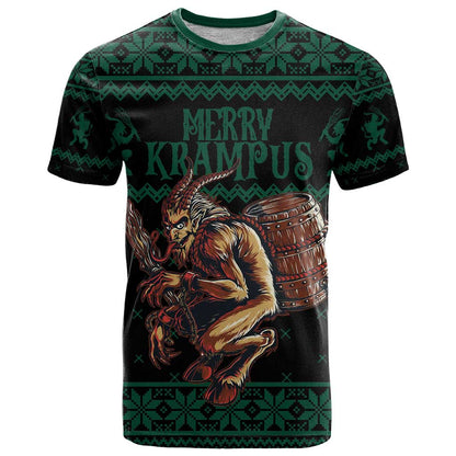Merry Krampus Creepy Christmas Holiday T-Shirt Green Version Graphic Tee