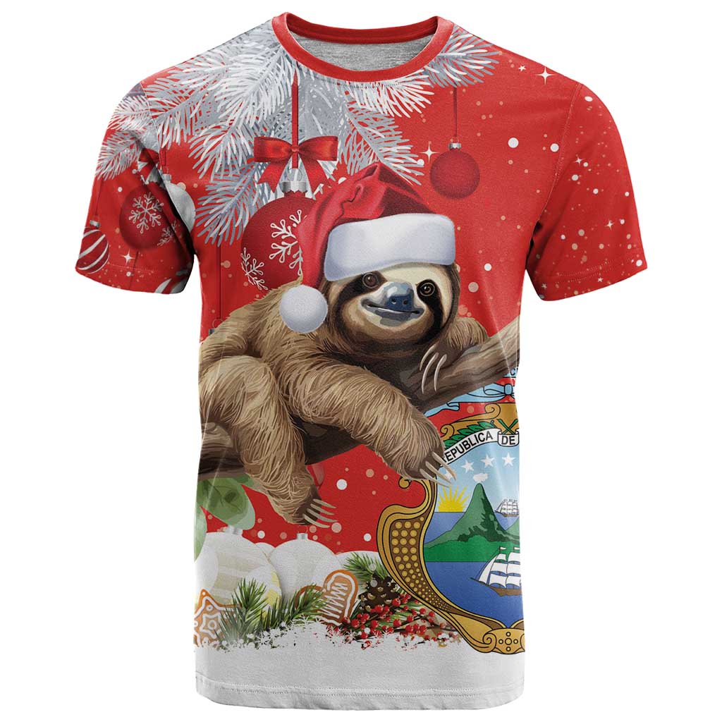 Christmas Costa Rica T-Shirt A Cheerful Sloth Wearing a Santa Hat Graphic Tee