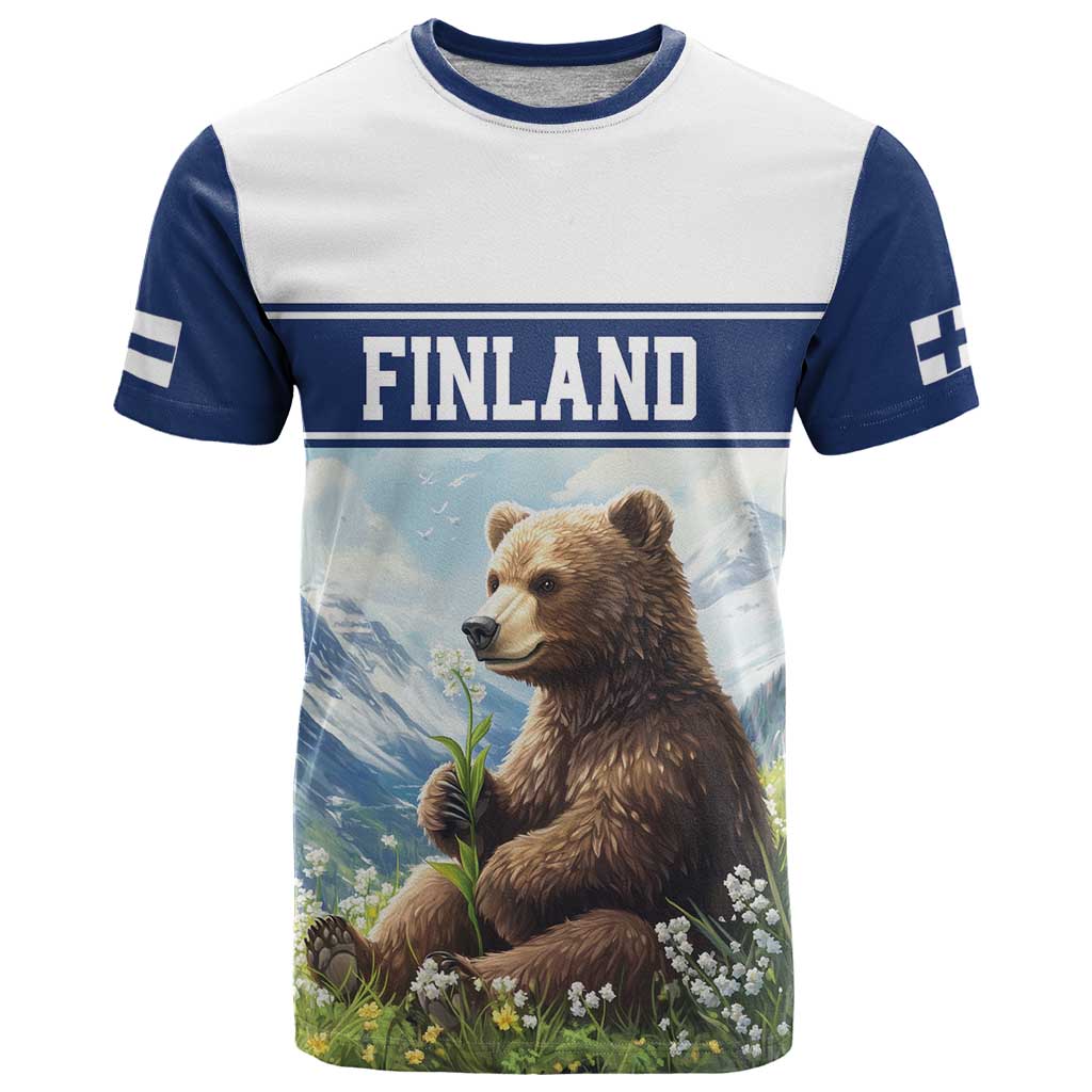 Personalized Finland T-Shirt Brown Bear With Lily Of The Valley Graphic Tee