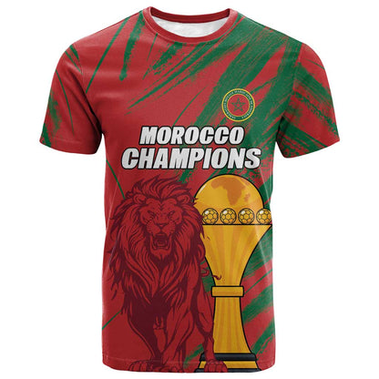 Custom Morocco Champions Football T-Shirt Atlas Lions Grunge Motif Graphic Tee