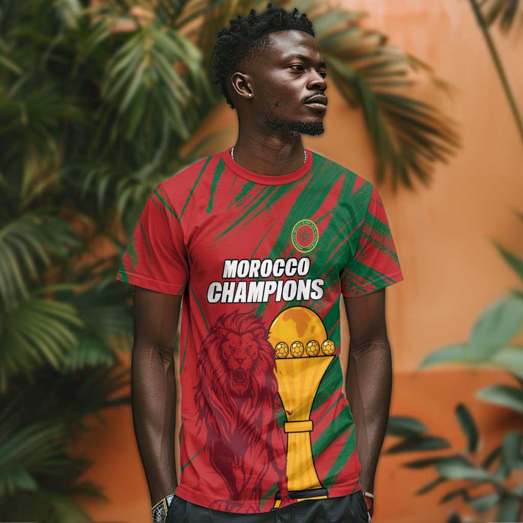 Custom Morocco Champions Football T-Shirt Atlas Lions Grunge Motif Graphic Tee