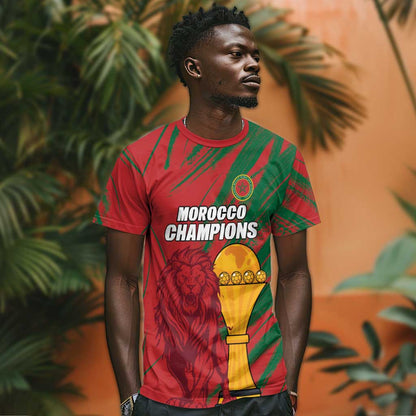 Custom Morocco Champions Football T-Shirt Atlas Lions Grunge Motif Graphic Tee