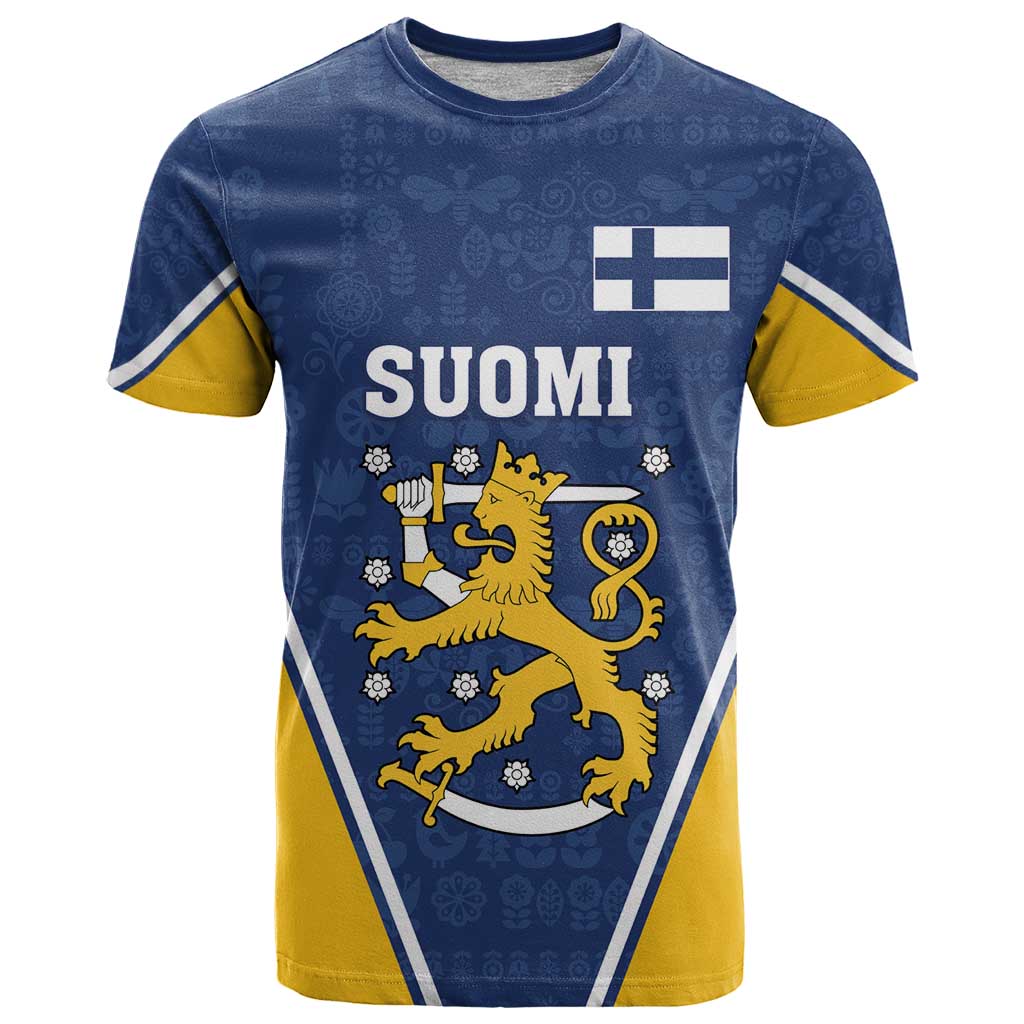 Custom Finland Lion T-Shirt Finnish Folk Patterns Graphic Tee