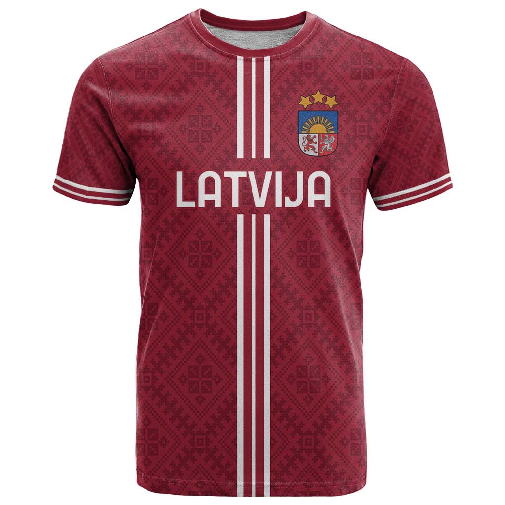 Custom Latvia Football T-Shirt Latvijas Go Champion Folk Pattern Graphic Tee