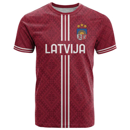 Custom Latvia Football T-Shirt Latvijas Go Champion Folk Pattern Graphic Tee