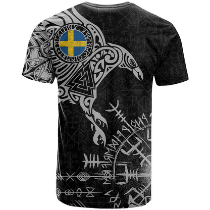 Sweden Viking Ravens T-Shirt Vegvisir Runes Pattern Graphic Tee