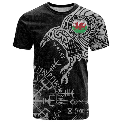 Wales Viking Ravens T-Shirt Vegvisir Runes Pattern Graphic Tee