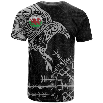 Wales Viking Ravens T-Shirt Vegvisir Runes Pattern Graphic Tee