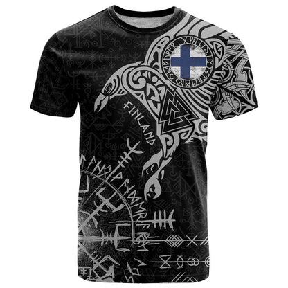 Finland Viking Ravens T-Shirt Vegvisir Runes Pattern Graphic Tee
