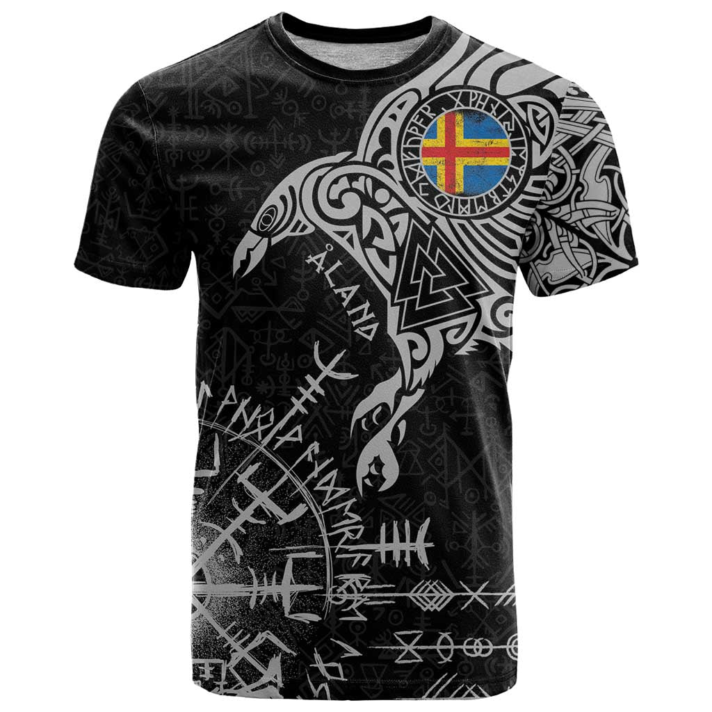 Aland Viking Ravens T-Shirt Vegvisir Runes Pattern Graphic Tee