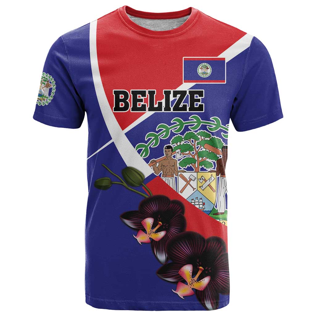Personalized Belize Coat Of Arms T-Shirt With Black Orchid Flowers Graphic Tee