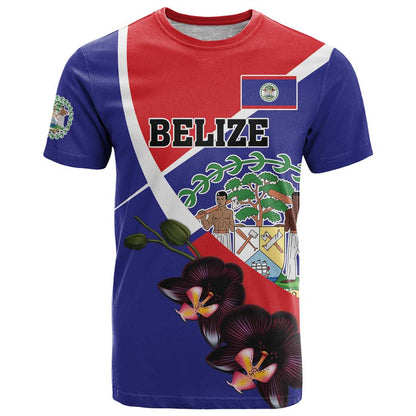 Personalized Belize Coat Of Arms T-Shirt With Black Orchid Flowers Graphic Tee