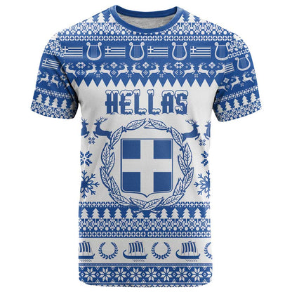 Personalized Christmas Greece Coat Of Arms T-Shirt Hellas Kala Christougena Graphic Tee