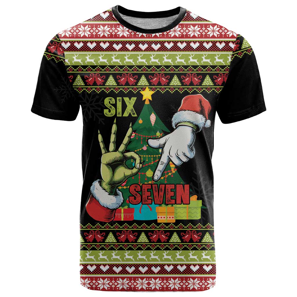 Six Seven Christmas T-Shirt Funny Santa and Green Hands Graphic Tee