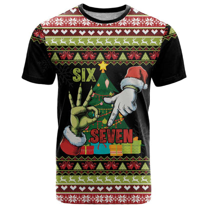 Six Seven Christmas T-Shirt Funny Santa and Green Hands Graphic Tee