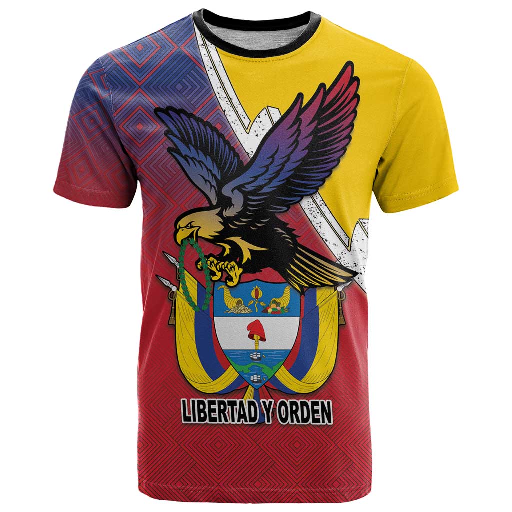 Colombia Coat Of Arms T-Shirt With Flag Style And Folk Pattern Graphic Tee
