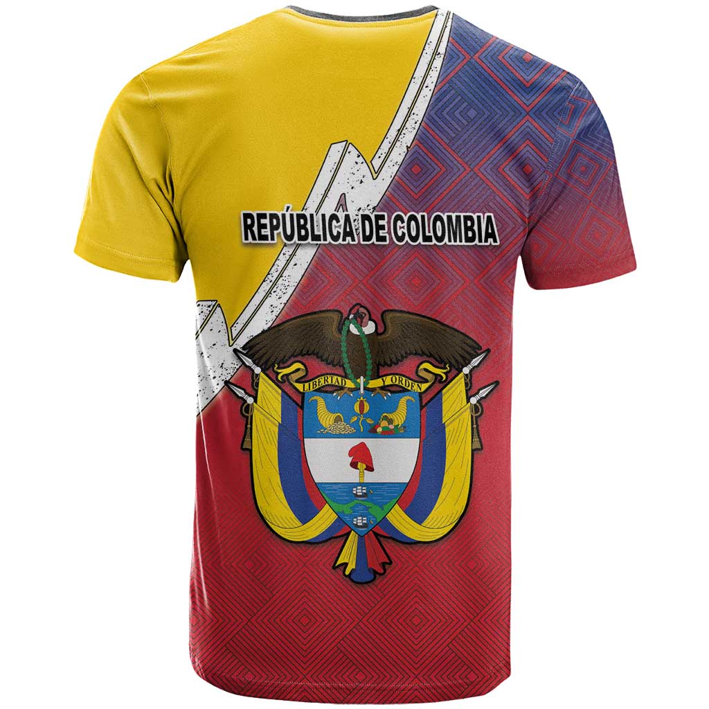 Colombia Coat Of Arms T-Shirt With Flag Style And Folk Pattern Graphic Tee