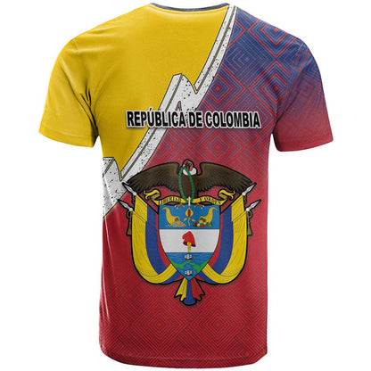 Colombia Coat Of Arms T-Shirt With Flag Style And Folk Pattern Graphic Tee