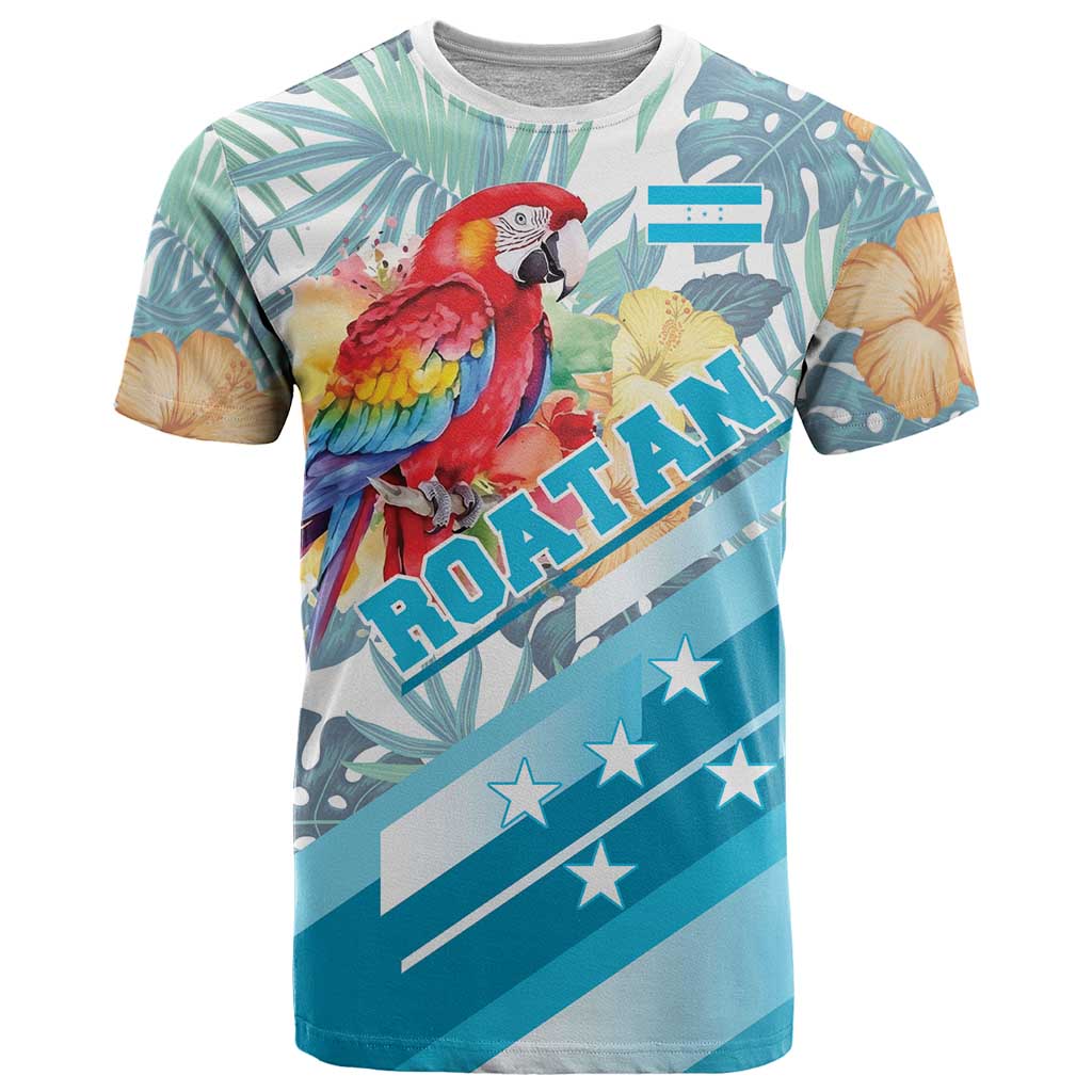 Personalized Roatan Honduras T-Shirt Scarlet Macaw With Hibiscus Flowers Graphic Tee